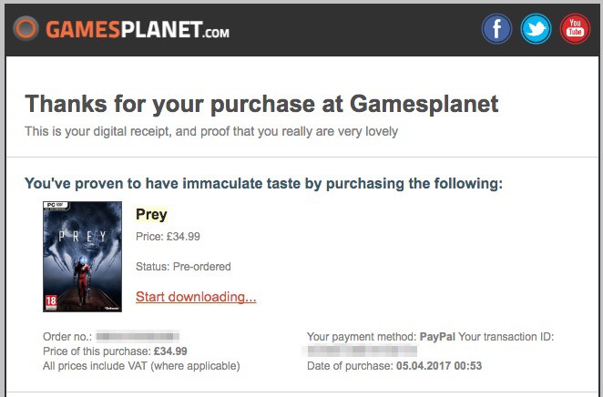 購入が完了するとGamesplanetからこんなメールが届く。